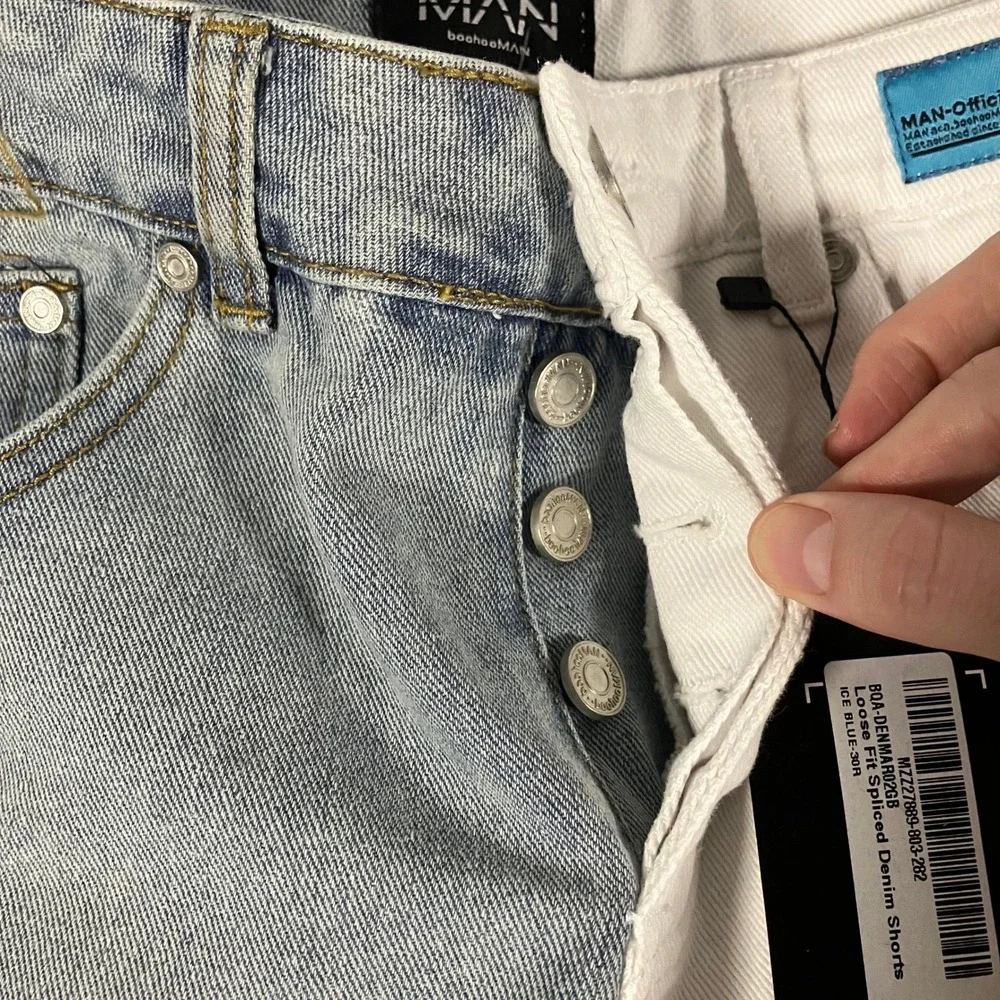 BoohooMAN Men's Size 30 Loose Fit Spliced Denim‎ Shorts Ice Blue